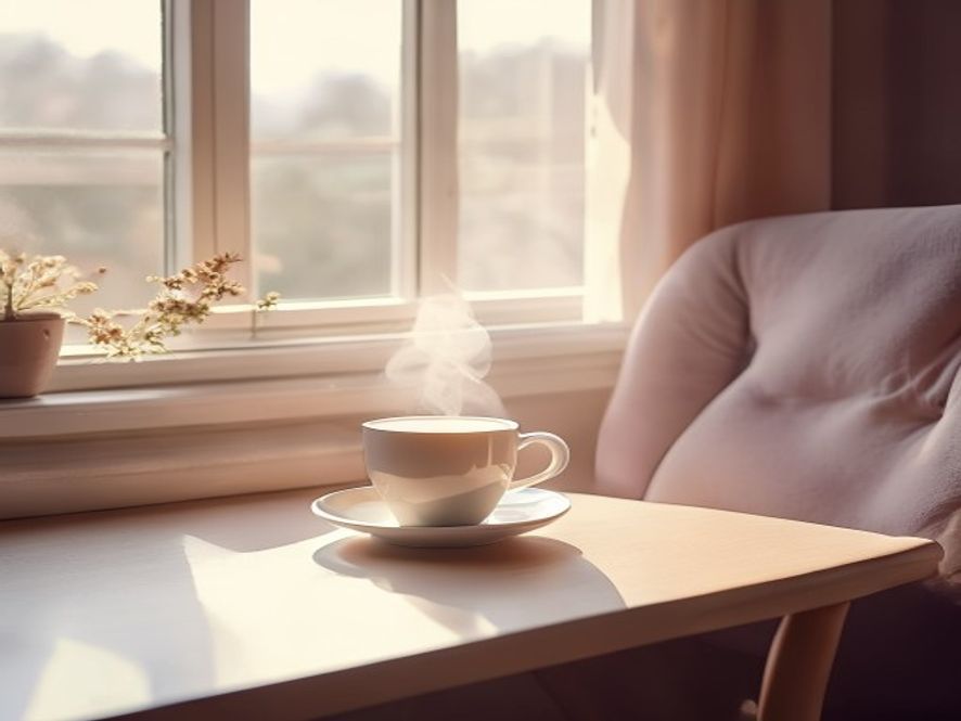 Minimalist workspace with subtle warm lighting and a cup of tea
